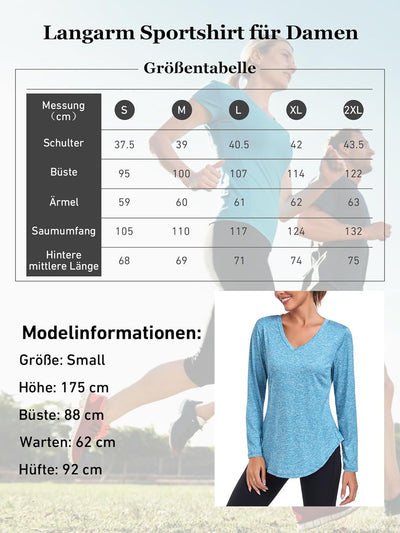 Deaviya Sportshirt Langarm Damen, Laufshirt Langarm, Langarmshirt Fitness Oberteil, V-Ausschnitt Wor