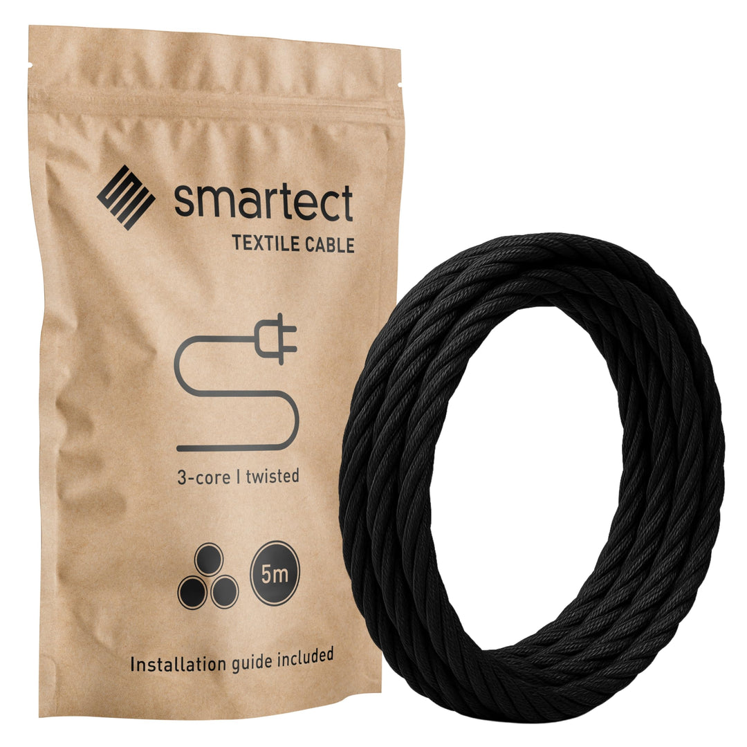 smartect Textilkabel gedreht 3-Adrig (3 x 0.75 mm²) Schwarz, 5 Meter | Vintage Lampenkabel Stoff, St