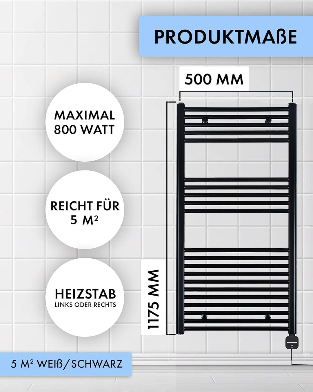 anapont elektrischer Badheizkörper 1175x500 - weiss gerade - Timer-Funktion - Handtuchheizkörper - B