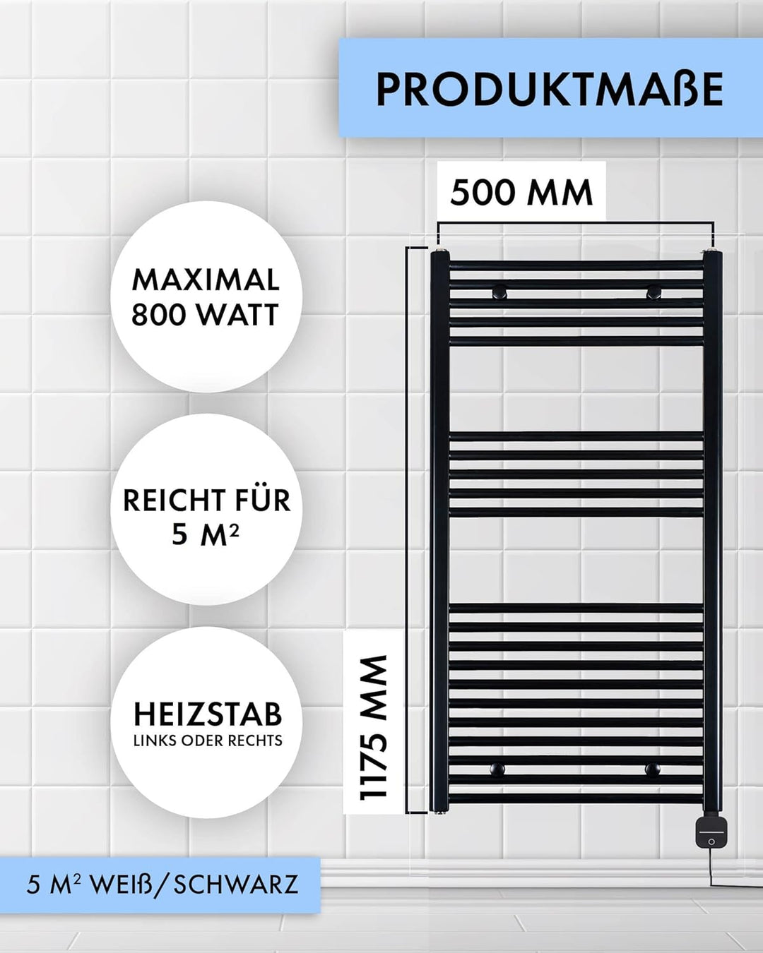 anapont elektrischer Badheizkörper 1175x500 weiss gebogen | Timer-Funktion, Handtuchheizkörper, Made