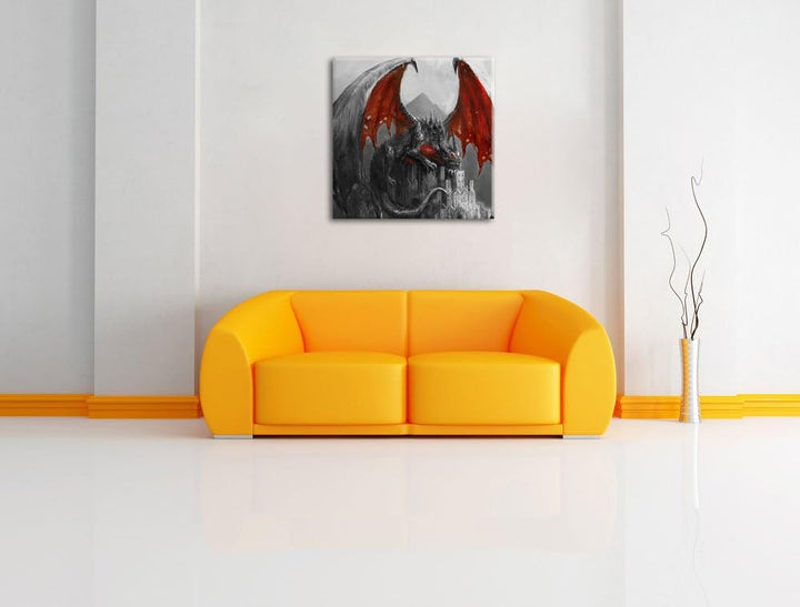 Dragon castle Schwarz/Weiss, Format: 70x70 auf Leinwand, XXL riesige Bilder fertig gerahmt mit Keilr