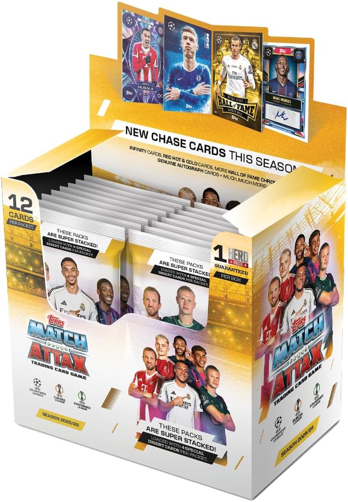 Topps UCC Match Attax 2025/26 - Full Box - Enthält 32 Päckchen mit 4 speziellen Einsteckkarten pro P