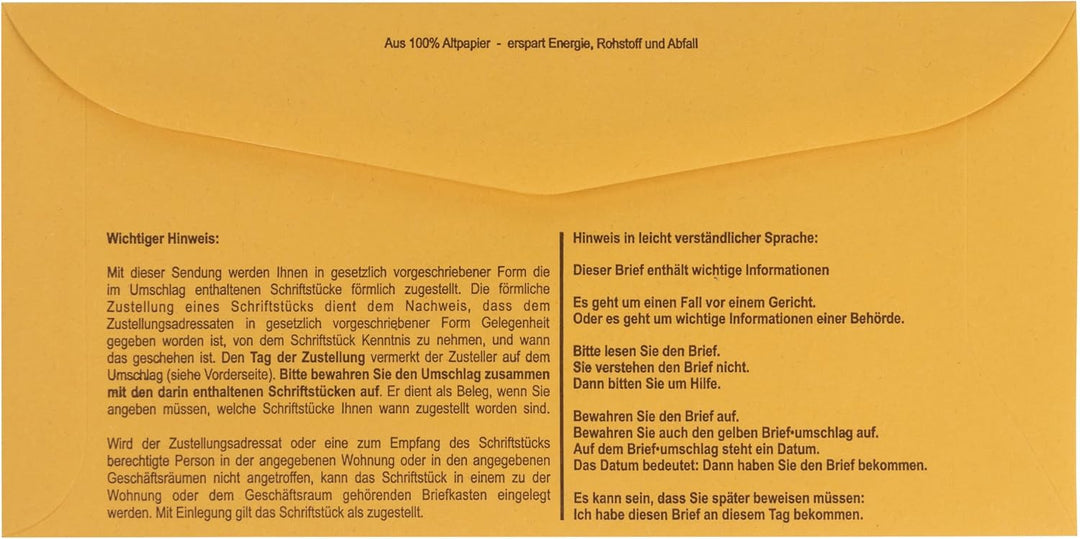 100 x Innere Postzustellungshüllen Förmliche Zustellung Postzustellungsumschläge 9490120