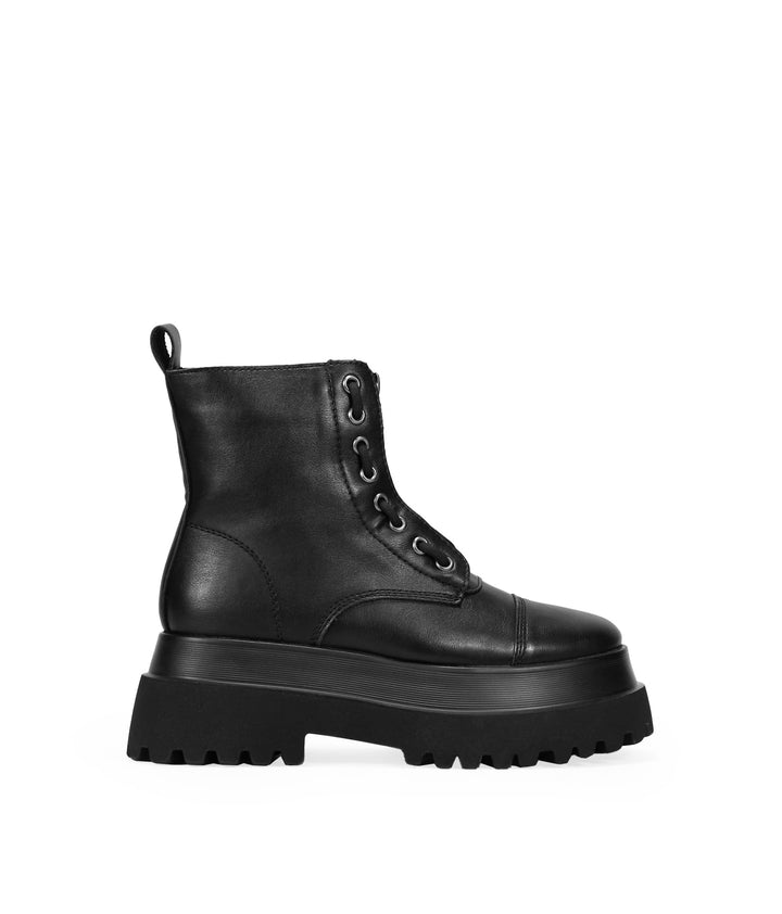 BOSANOVA Schwarze Militärstiefel mit mittlerem Reissverschluss, Schnürung Detail und Track-Plattform
