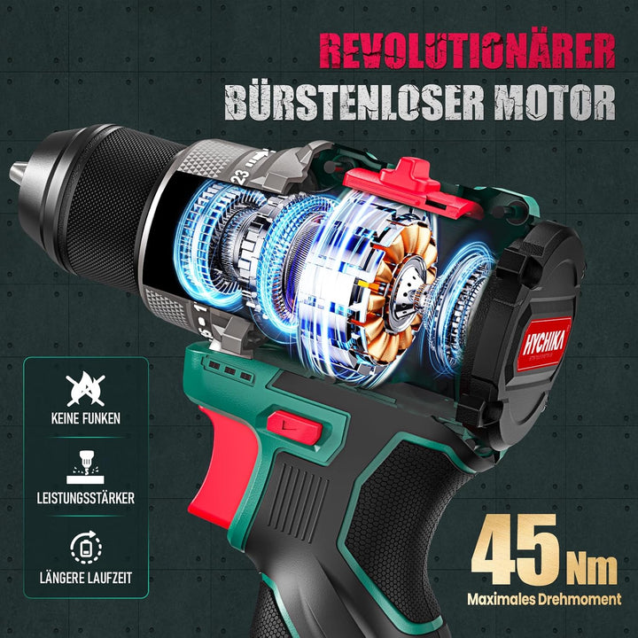 HYCHIKA 16.8V Akkuschrauber & Bohrmaschine Set, Bürstenloser Motor, 45Nm Max, 23+1 Drehmoment, 53-te