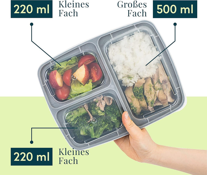 FITPREP 3 Fach Meal Prep Boxen im praktischen10er Pack - Mikrowellen &amp; Spülmaschinenfest, Mehrweg, L