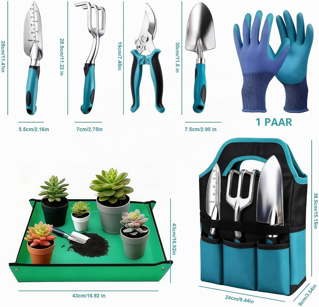 Gartenwerkzeug-Set 7 Stück, Ergonomische Gartenwerkzeuge mit Anti-Rutsch-Griff, Rostfrei, aus Alumin