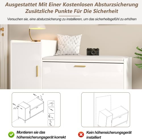 Merax Schuhschrank mit Sitzbank – Hochglanz Schuhregal mit 2 Fächern und 1 Schrank, Gepolsterte Sitz