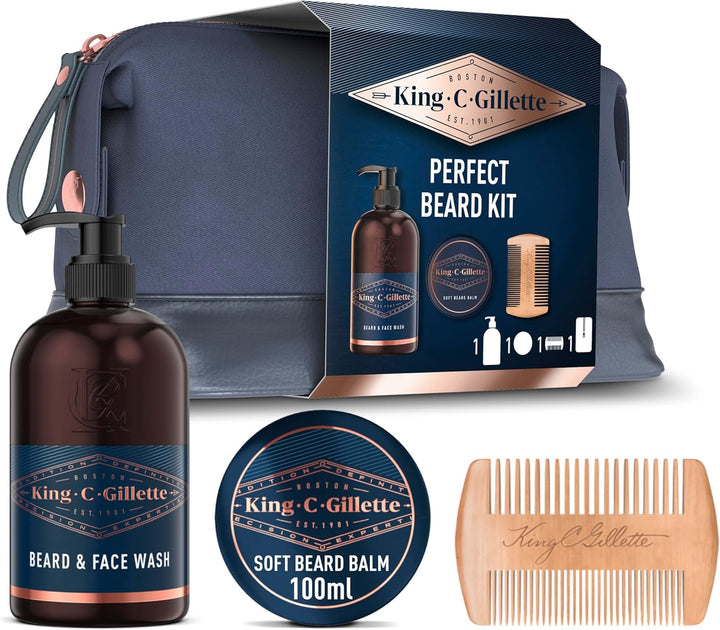 King C. Gillette Geschenkset Bartpflege Essentials: 350 ml Waschgel für Bart- und Gesichtpflege + 10