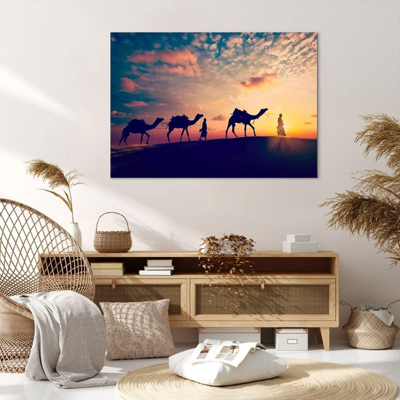 Bilder auf Leinwand 100x70cm Leinwandbild mit Rahmen Kamel Wohnwagen Gross Wanddeko Bild Schlafzimme