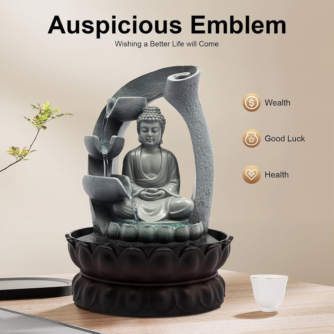 Elektrisch Zimmerbrunnen, Zen Tischbrunnen mit LED mit Licht und Pumpe | Buddha Motiv Springbrunnen