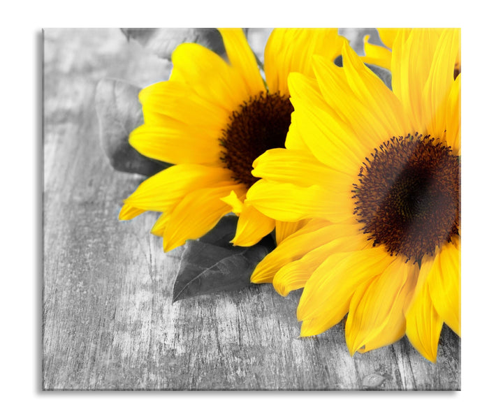 schöne Sonnenblumen auf Holztisch Herdabdeckplatte & Spritzschutz aus Echtglas | Für Herd-Kochfelder