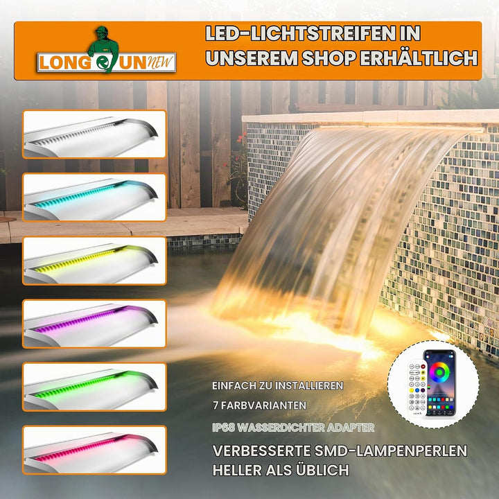 LONGRUNNEW Teich Wasserfallklingen Set, 30 cm Edelstahl Poolfontäne mit Zubehör, Breite 18 cm Geboge