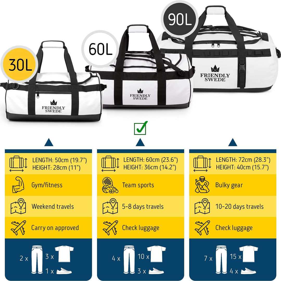 The Friendly Swede Wasserfeste Reisetasche Duffle Bag Rucksack - 30L / 60L / 90L - Seesack, Sporttas