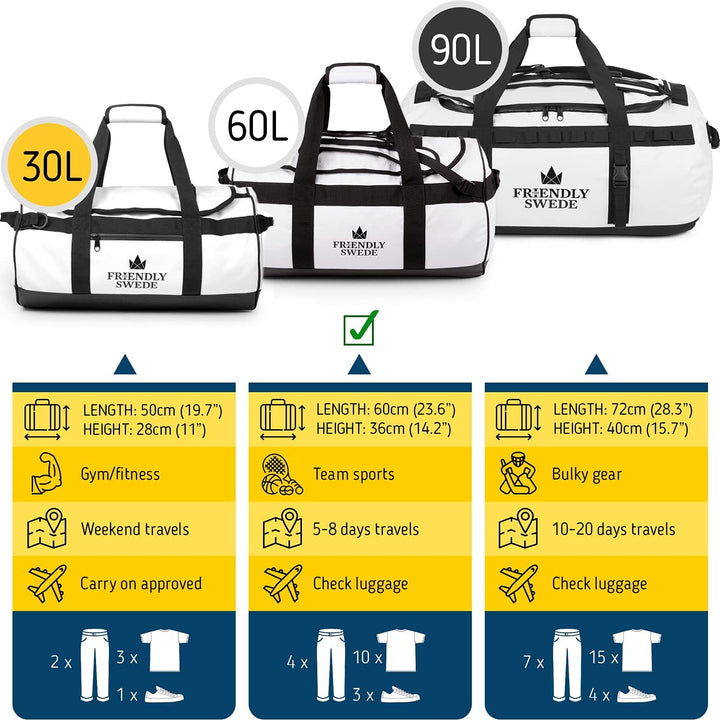 The Friendly Swede Wasserfeste Reisetasche Duffle Bag Rucksack - 30L / 60L / 90L - Seesack, Sporttas