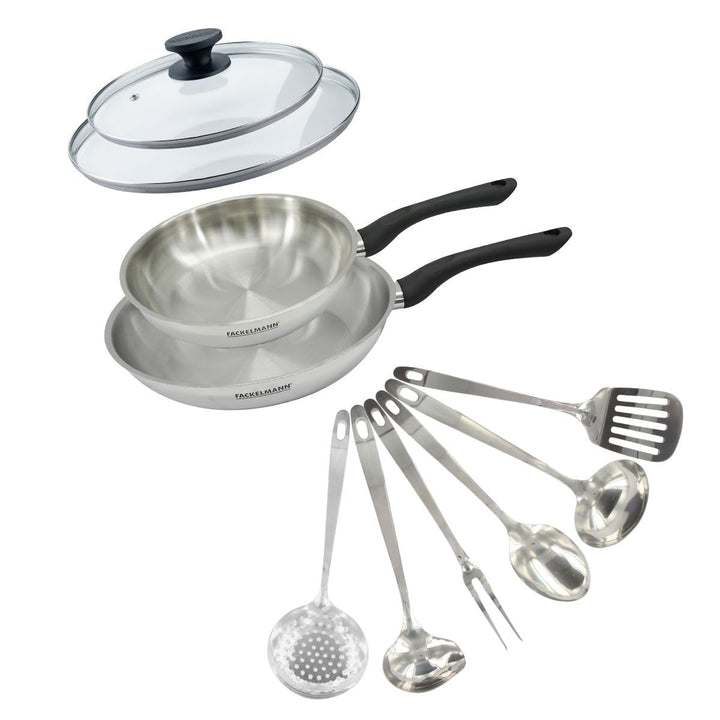 Fackelmann 9445850 Set mit 2 Pfannen 24 und 28 cm aus Edelstahl 18/8, 2 Glasdeckel und 6 Edelstahlut