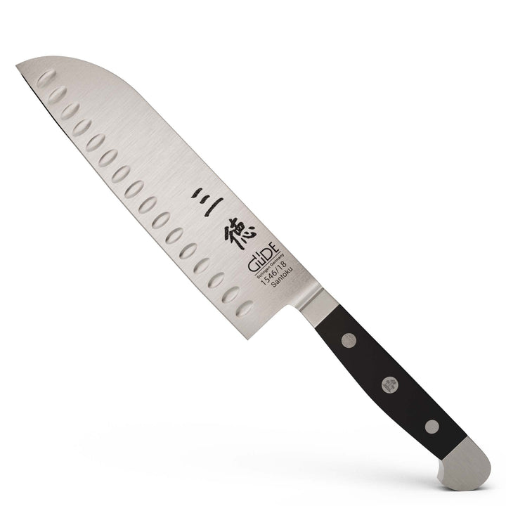 GÜDE Solingen - Santoku mit Kulle geschmiedet, 18 cm, POM schwarz, ALPHA, Doppelkropf, Handmade Germ