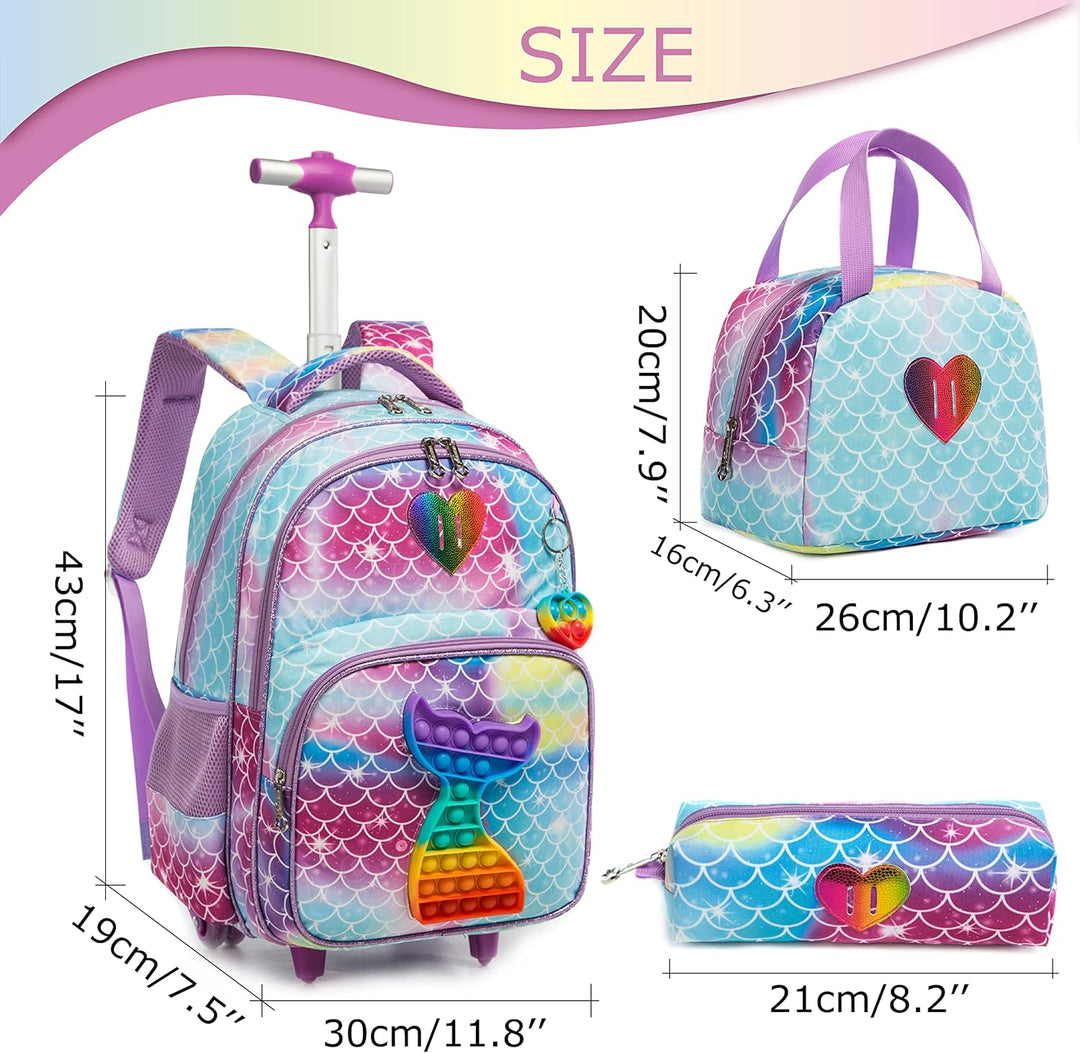 HTgroce Rollrucksack Schulranzen mit Rollen für Mädchen Pop it Rucksack 16 Zoll Set 3 in 1 mit Lunch