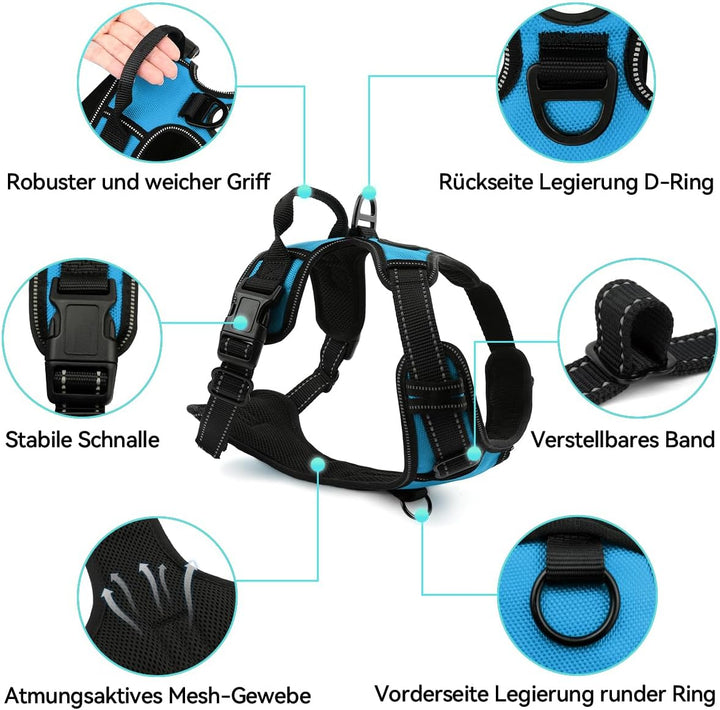 Joytale Anti-Zug Hundegeschirr für grosse Hunde, Blau, L | Perfekter Sitz, gepolstert &amp; reflektieren
