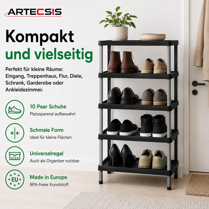 ARTECSIS Schuhregal schmal 5 Ebenen Schwarz I Schuhablage aus Kunststoff 49,5x34,5x82,5cm, 5 Ebenen