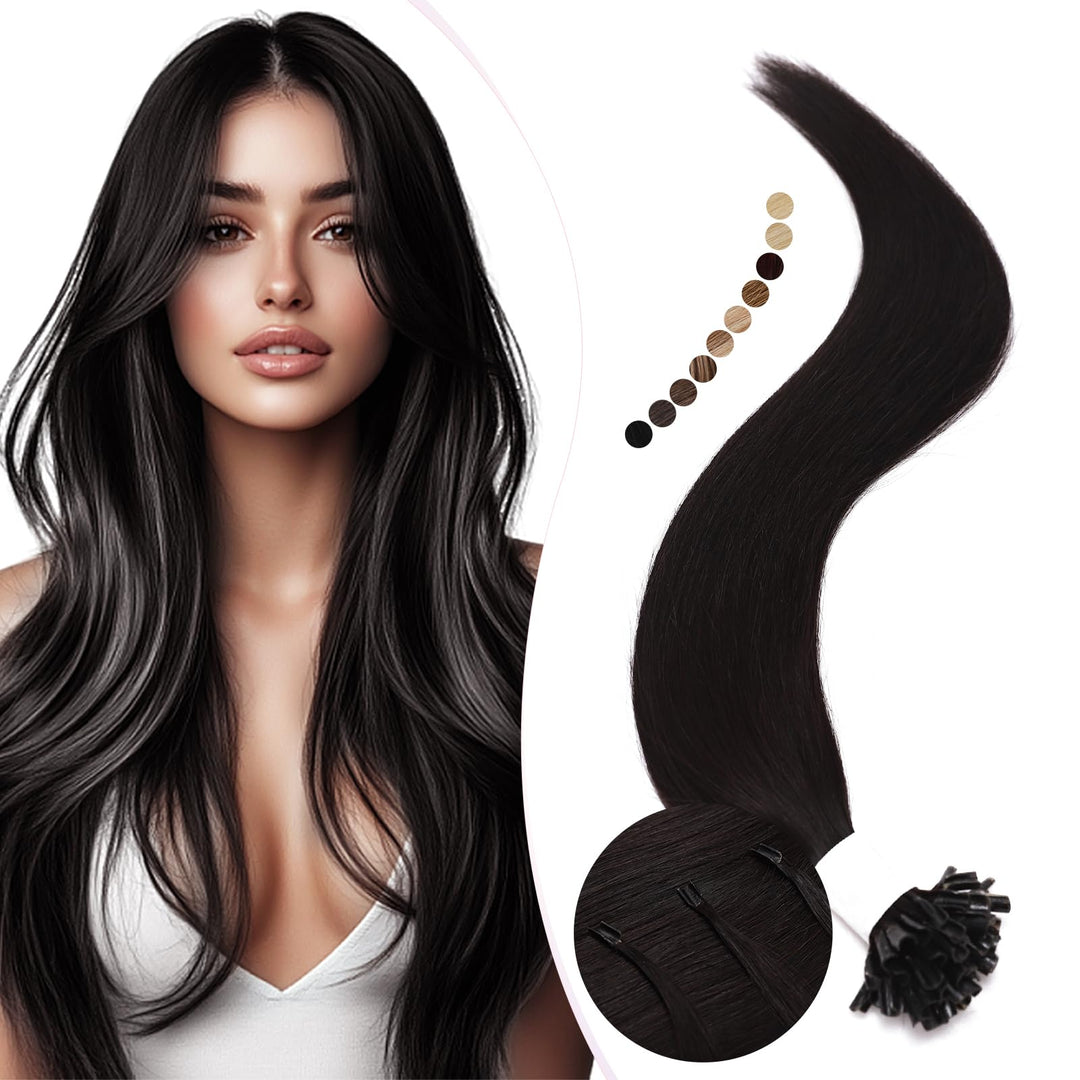 Elailite Bonding Extensions Echthaar Naturschwarz 25 Strähnen 25g Haarverlängerung Glatt U Tip Kerat
