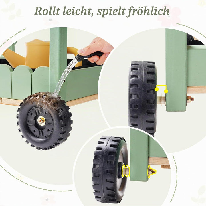 ROBOTIME Holz Gartenwagen für Kinder, Outdoor Garten-Trolley mit 4 Pflanzbechern &amp; 4 Hydroponik-Reag