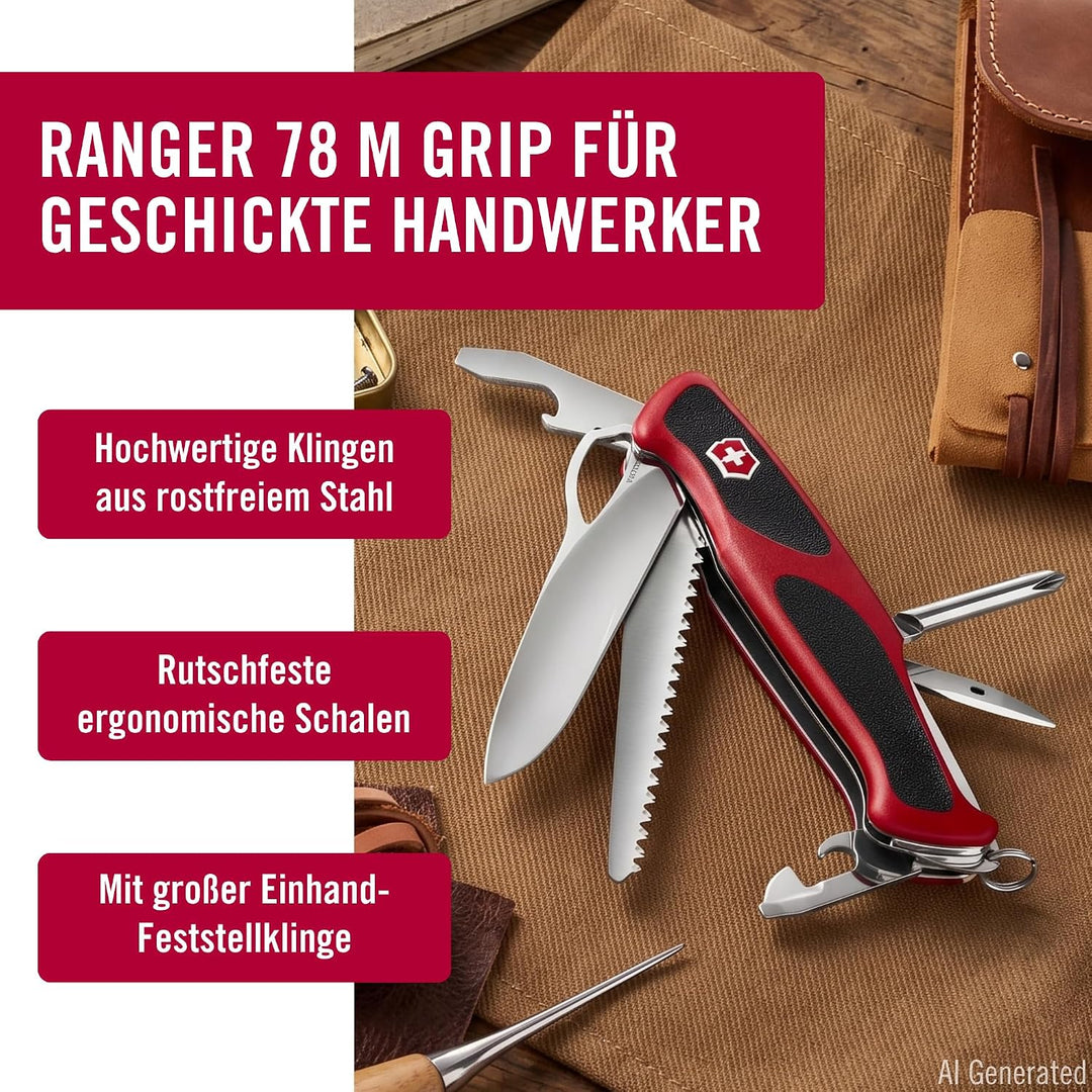 Victorinox Taschenmesser Ranger Grip 78 (12 Funktionen, Einhand-Feststellklinge) rot/schwarz Single,