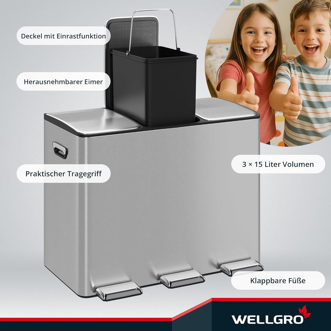 WELLGRO Treteimer, Mülleimer, Edelstahl Tretmülleimer mit 3 x 15 Liter, klappbaren Fusspedalen, Abse
