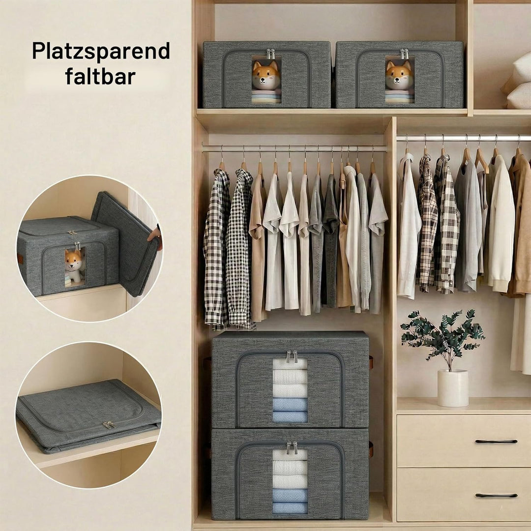 Kleiderboxen Aufbewahrung Mit Metallrahmen: Stapelbar Grau 4x66L | Faltbar Aufbewahrungstasche mit D