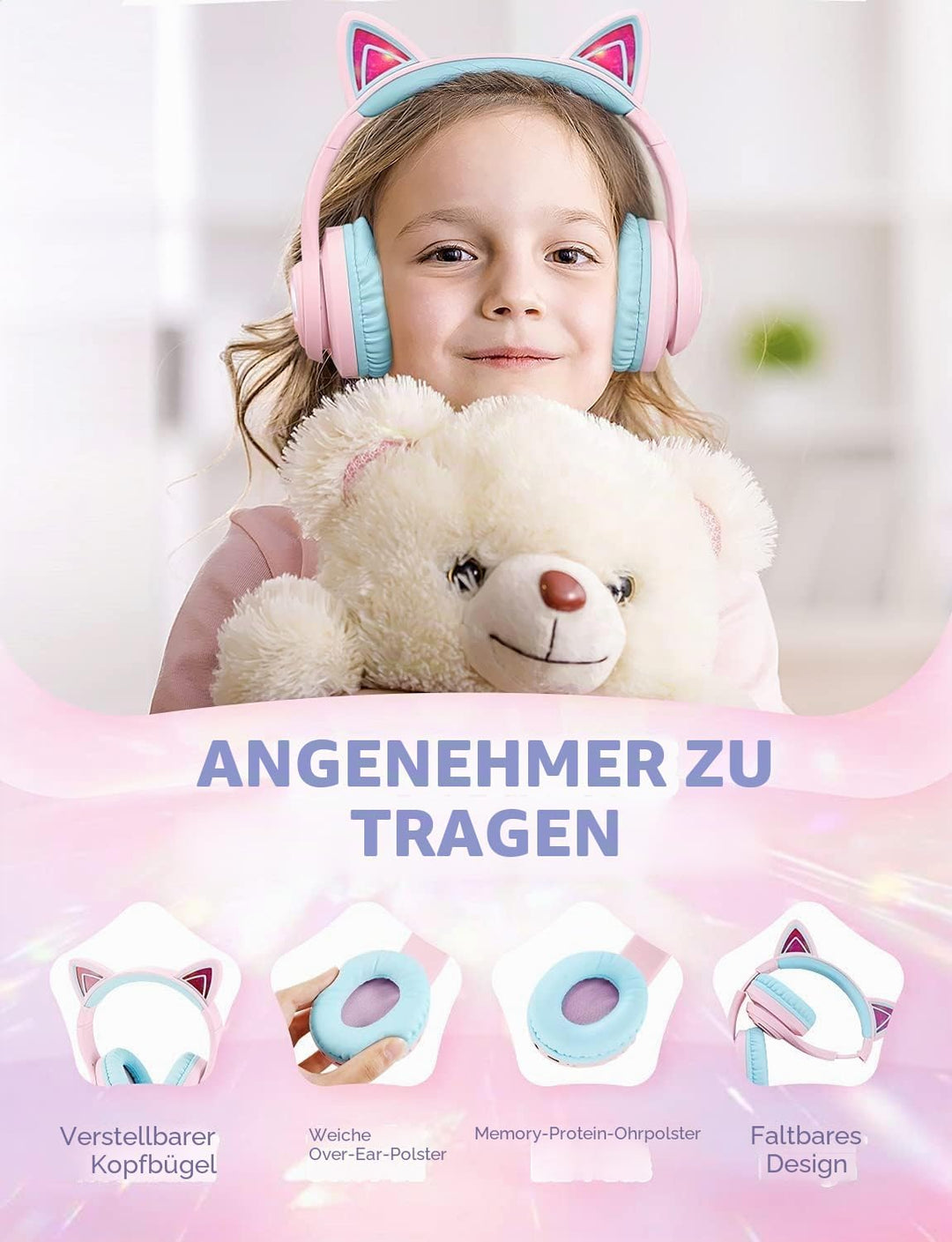 iClever Bluetooth Kopfhörer Kinder, Katzenohr LED Leuchten, Kabellose Kinder Kopfhörer über dem Ohr