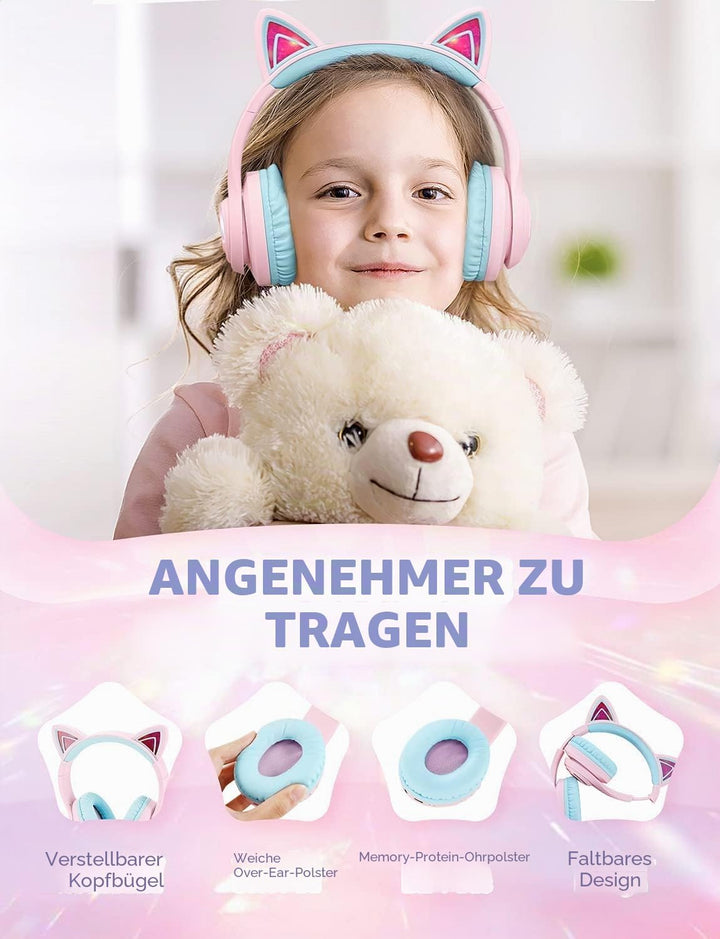 iClever Bluetooth Kopfhörer Kinder, Katzenohr LED Leuchten, Kabellose Kinder Kopfhörer über dem Ohr