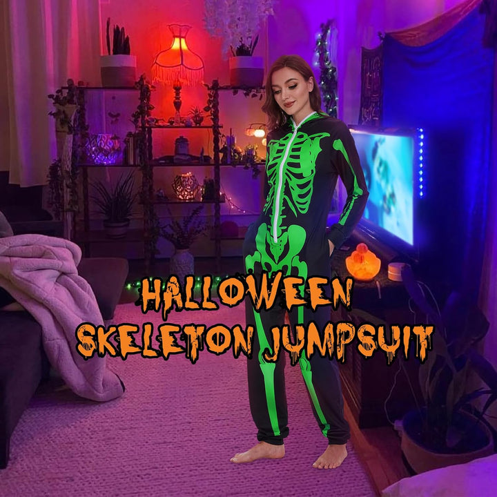 Ulikey Halloween Skelett Kostüm Damen, Halloween Skelett Onesie Overall Pyjama Erwachsene Damen Hall