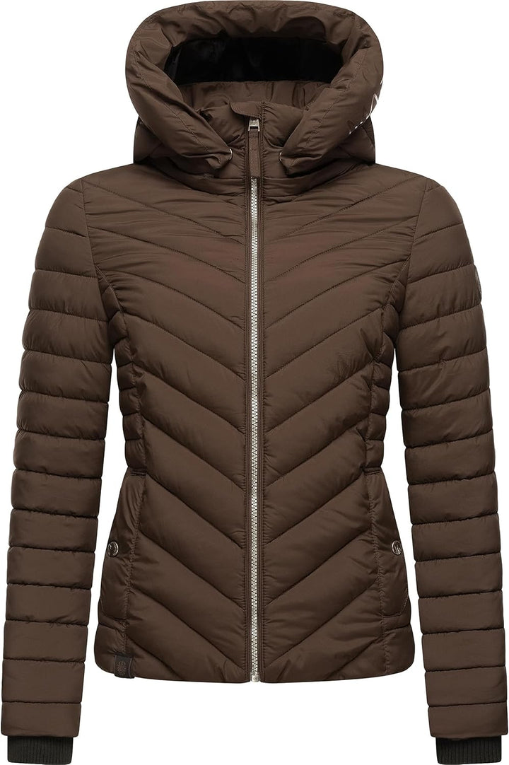 MARIKOO Damen Übergangsjacke leichte Steppjacke kurz mit Abnehmbarer Kapuze Kagomee XS-XXL XL Dark C