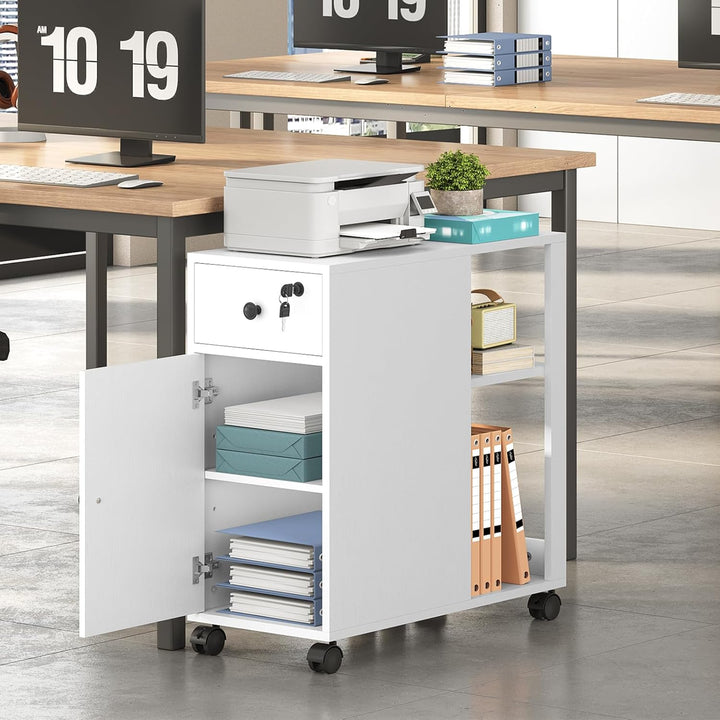 HOOBRO Rollcontainer mit Schublade, mobiler Aktenschrank mit Schloss, Schreibtisch Unterschrank, Bür