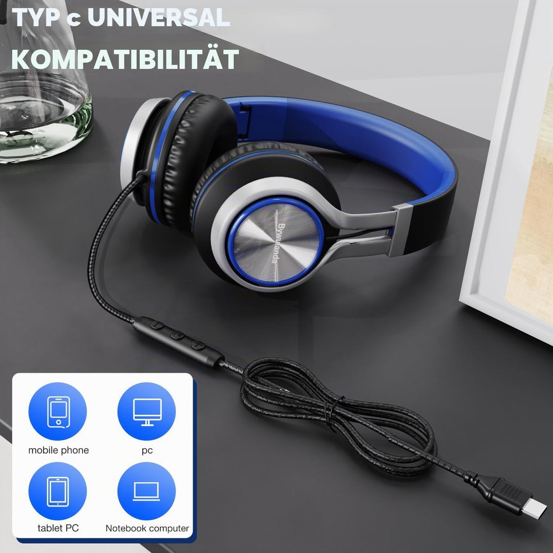USB-C Kopfhörer mit Mikrofon und Lautstärkeregler, Over Ear Stereo Headsets für iPhone 15, 16 Pro, k
