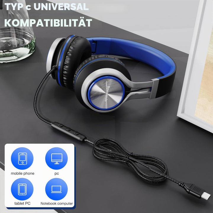 USB-C Kopfhörer mit Mikrofon und Lautstärkeregler, Over Ear Stereo Headsets für iPhone 15, 16 Pro, k