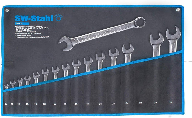 SW-Stahl 00163L Gabelringschlüsselsatz 10-32 mm, 16-teilig I Maulschlüssel-Set I Ringschraubenschlüs