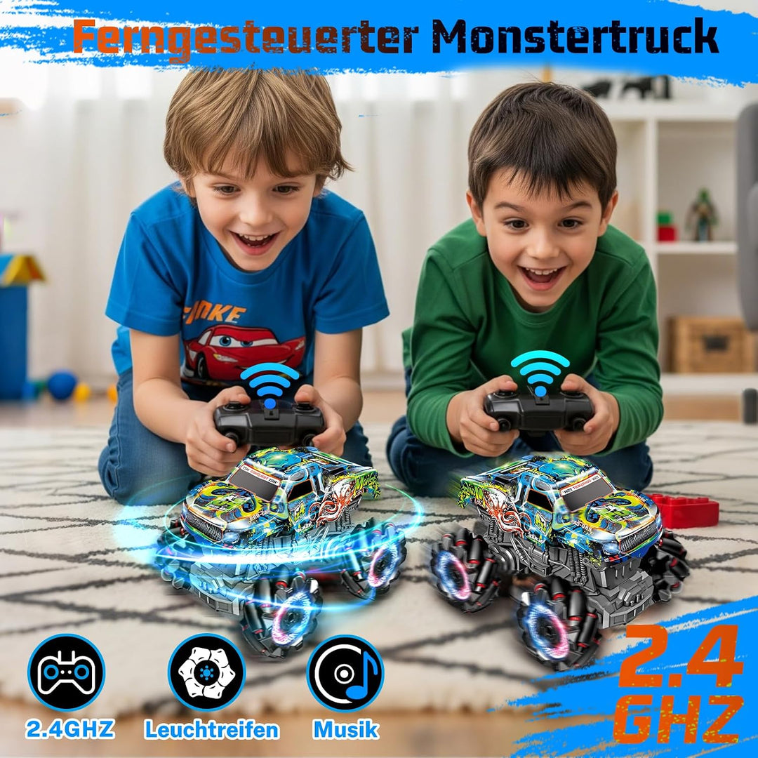 Monstertruck Ferngesteuert mit Licht Reifen, Musik und 360°Drehung (Blau) | 1/20 Ferngesteuerter Mon