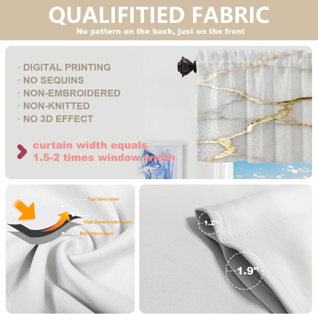 Delicate White Marble Kitchen Valances for Windows,Marble with White Golden Texture Blackout Valance