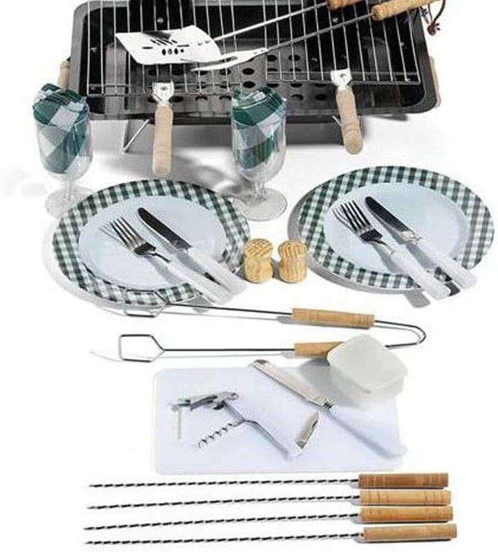 Picknicktasche mit praktischem Zubehör zum Grillen, Snacken und Lunchen, Metallgrill mit Geschirr u.