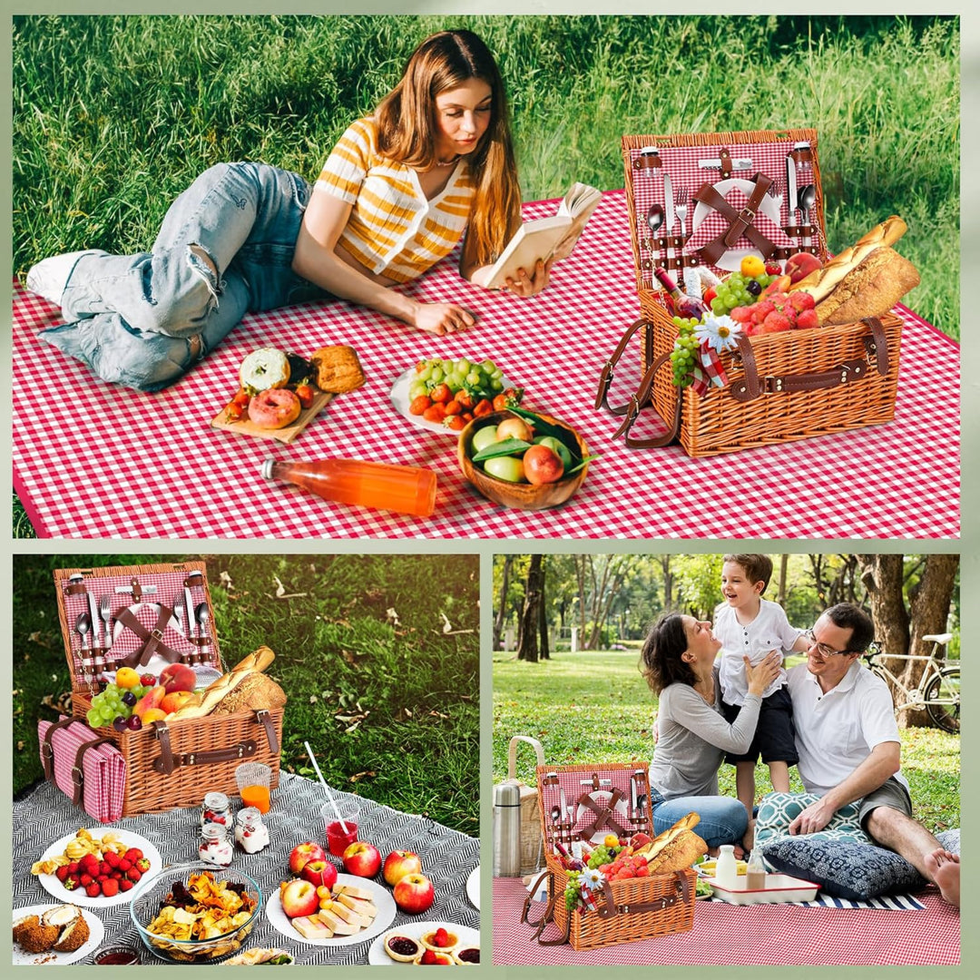 Picknickkorb 4 Personen,Picknickkorb mit Kühlfach und wasserdichte Picknickdecke, Piknik Korb Set mi