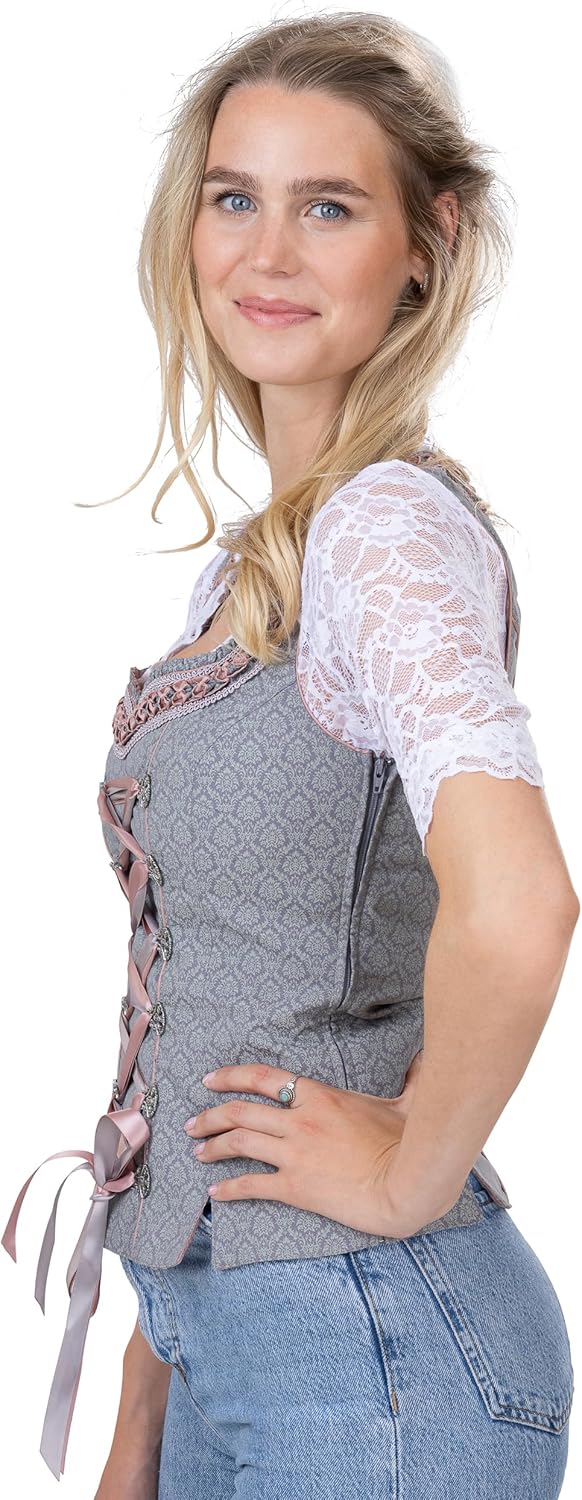 Exklusives Designer Trachten Mieder - Korsage grau/Altrosa – Jaquard & Satin Trachtenmieder Luise 32