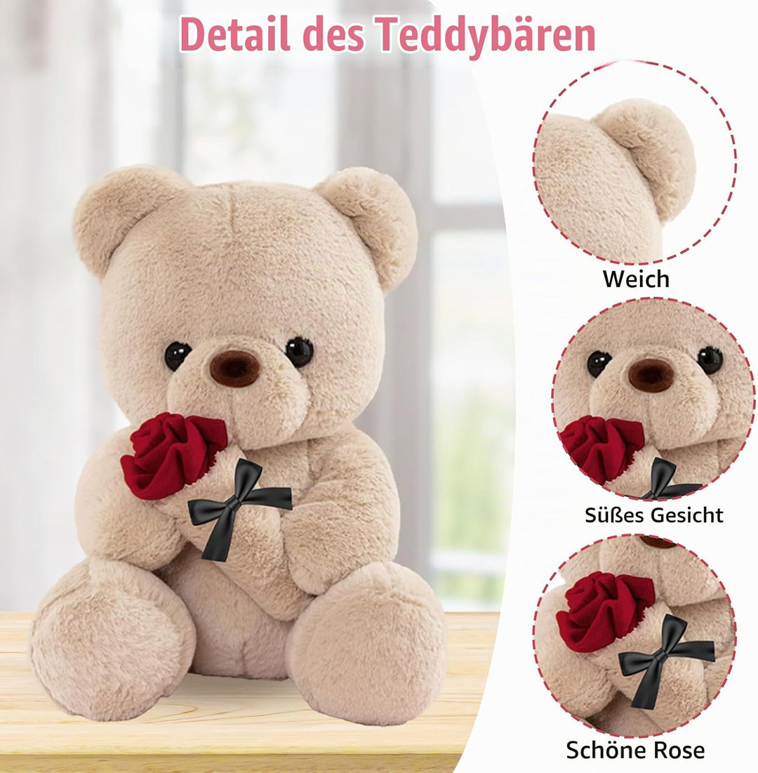 Teddybär mit Rose, Geburtstagsgeschenk für Frauen 35cm Kuscheltier | Süsse Kuscheltier Teddy Rosen T