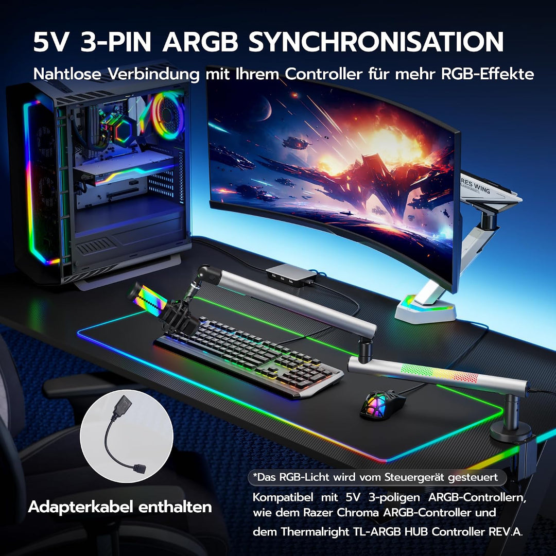 ARES WING Gaming Mikrofon Arm mit RGB Licht, Mikrofonständer mit 360° drehbarem Schwenkarm, kompatib