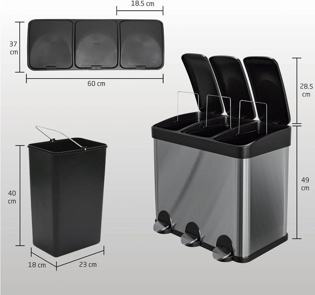 Amig - Dreifacher Mülleimer mit Pedalen 45 Liter | 3 herausnehmbare 15-Liter-Fächer | Recyclingbehäl