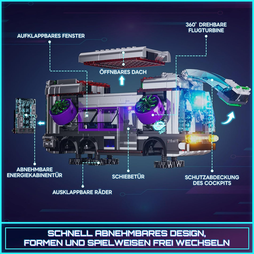 Lumibricks Cyberpunk Zukünftiger Bus mit LED-Beleuchtung – 2-in-1 Modell mit Licht, 605 Teile für Sc