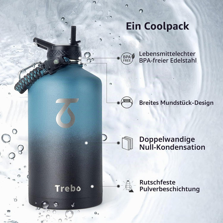 Trebo 1.5 l Wasserflasche isoliert mit Paracord-Griff, 3.6 l Edelstahl-Sport-grosser Krug, lebensmit