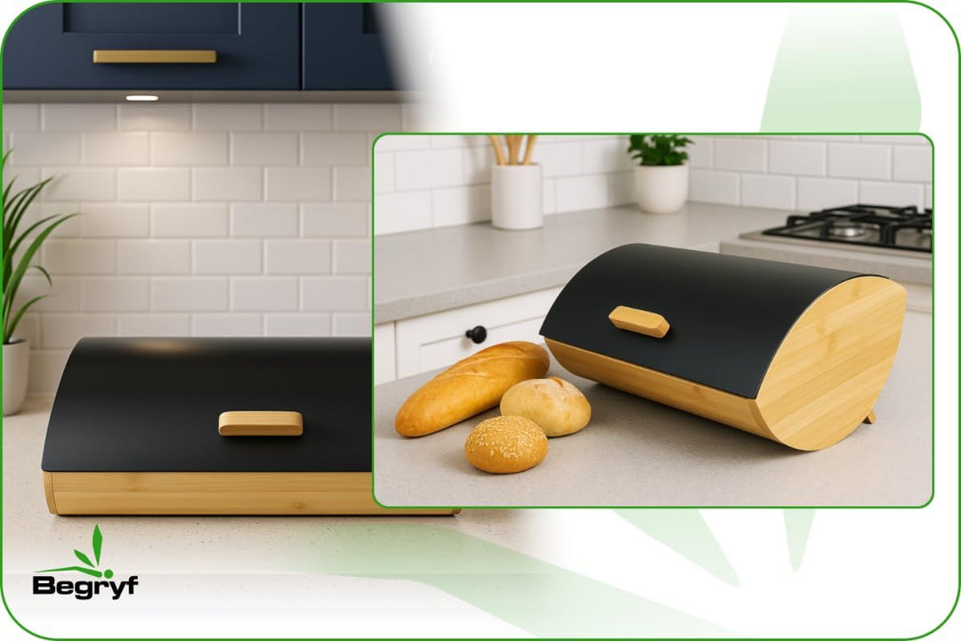 Brotkasten 35 cm, Bambus-Brotbox mit schwarzem Metalldeckel und Griff, kompakter Brotbehälter für Br