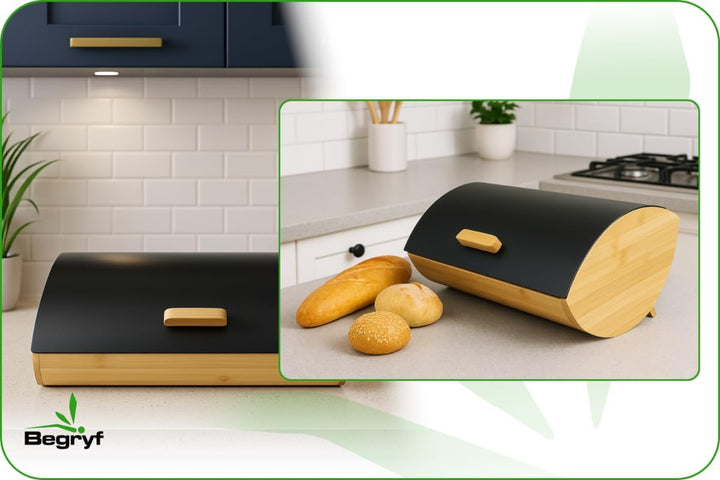 Brotkasten 35 cm, Bambus-Brotbox mit schwarzem Metalldeckel und Griff, kompakter Brotbehälter für Br