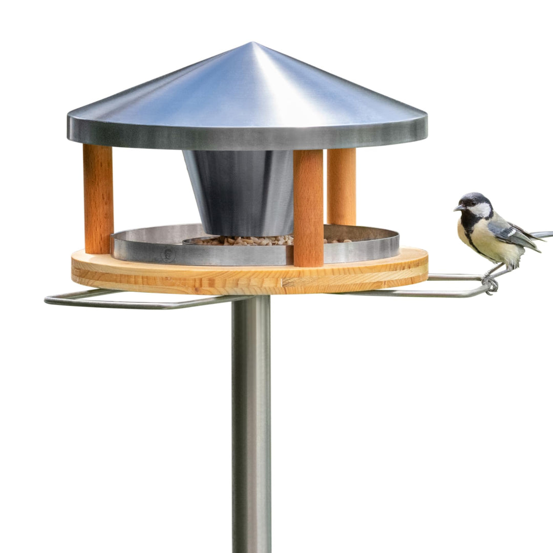 Vogelhaus mit Ständer wetterfest aus Edelstahl - Stabiles Vogelfutterhaus für draussen, modern aus M